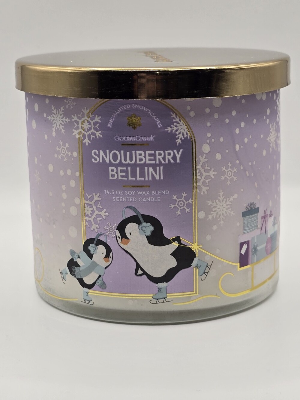 Goose Creek Snowberry Bellini Ice Skating Penguins 3 Wick Jar Candle
